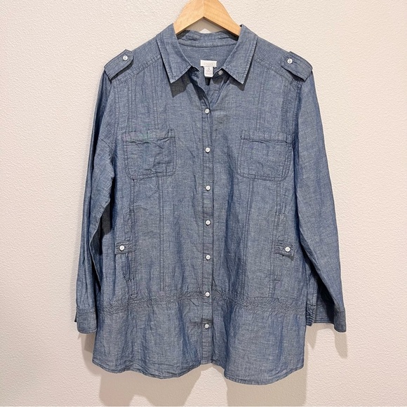 Chico's Tops - Chicos Linen Blend Chambray Button Up Utility Shirt Size 3 US XL Blue Epaulettes